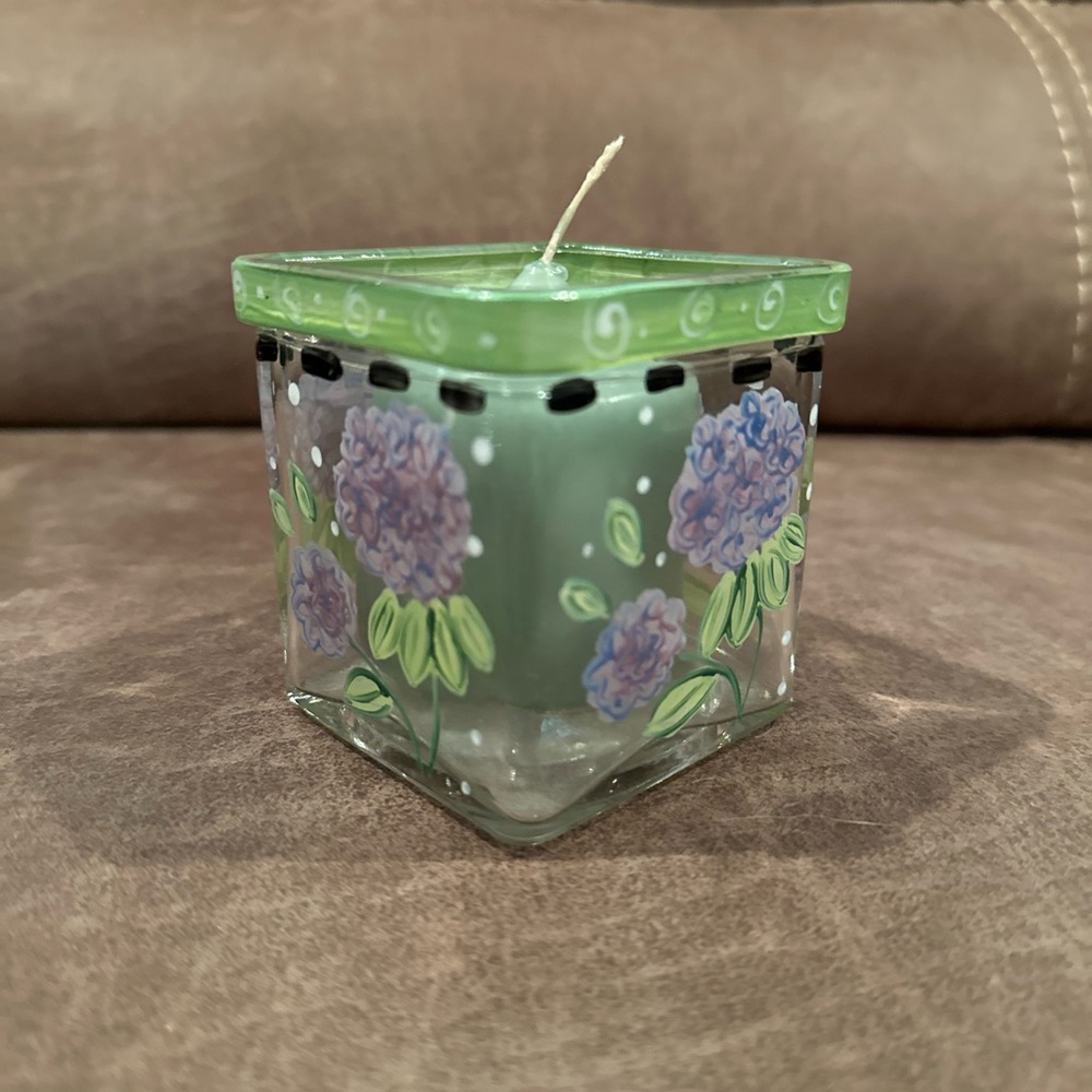Vintage Bella Casa Glass Hand Painted Square Vase Candle Holder